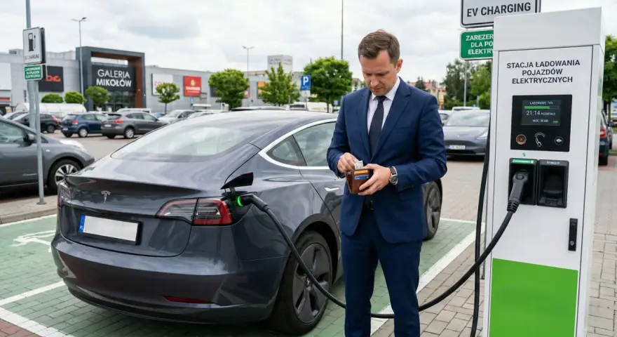 Biznesmen sprawdza portfel przy ładowarce, gdy jego elektryczny samochód pobiera prąd. Na ekranie stacji ładowania widać 38 kW.