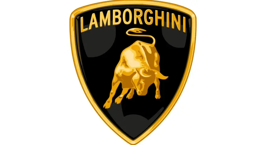 Złoty byk na czarnym tle, nazwa "Lamborghini" u góry. Taki znaczek ma lamborghini.