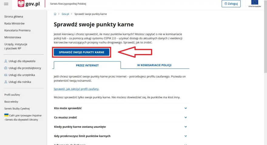 Strona gov.pl pozwala sprawdzić punkty karne w systemie CEPiK 2.0. Kliknij przycisk "Sprawdź swoje punkty karne", aby dowiedzieć się więcej.