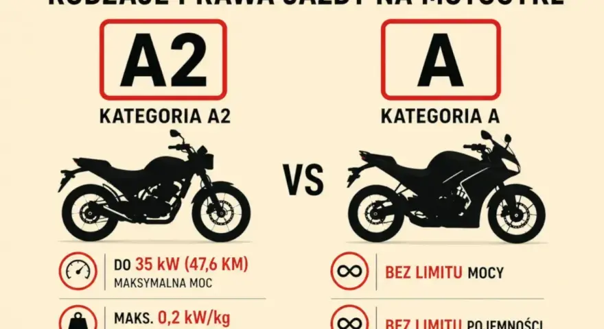 Porównanie kategorii A2 i A prawa jazdy na motocykl. A2 to motocykle do 35 kW, A to bez limitu mocy i pojemności.