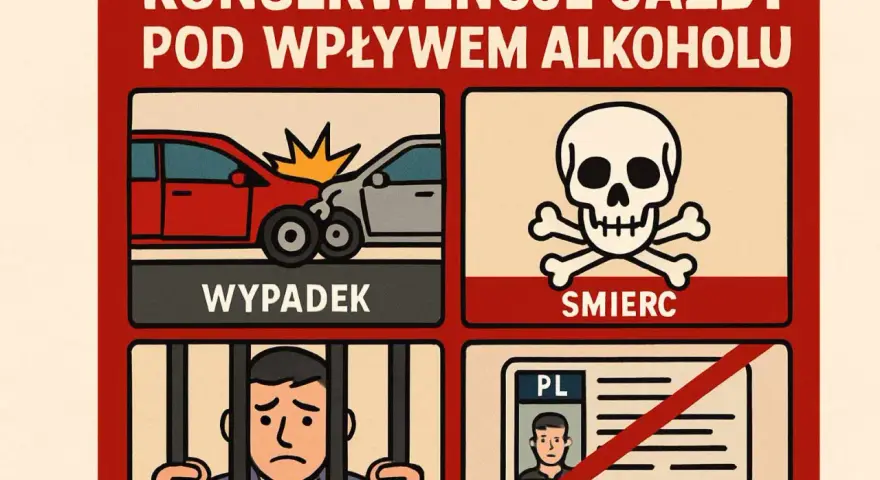 Konsekwencje jazdy pod wpływem alkoholu: wypadek, śmierć, więzienie, utrata prawa jazdy. Nie ryzykuj!