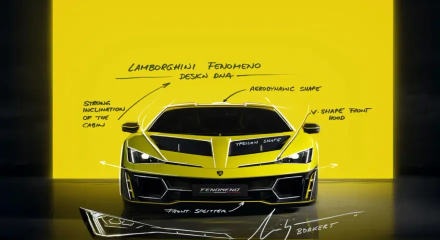 Żółty Lamborghini Fenomeno, zarysowany na tle żółtej ściany, z opisami designu. To jest prawdziwy lambordżini!
