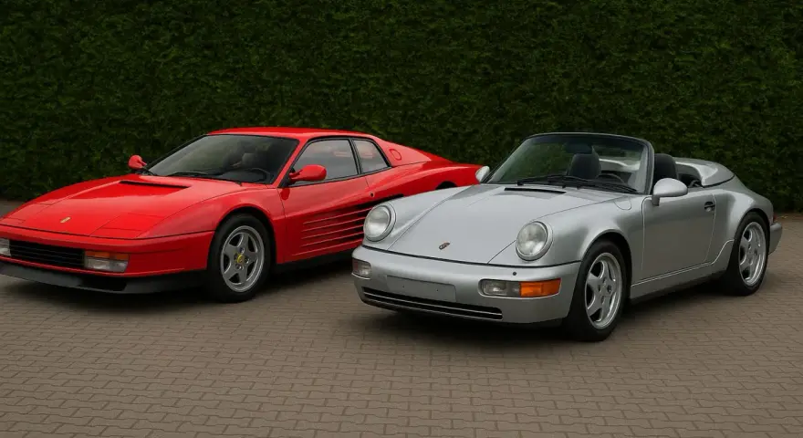 Czerwone Ferrari Testarossa i srebrny kabriolet Porsche 911 stoją obok siebie. Który wybierasz?