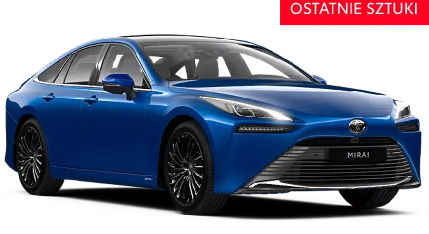Niebieski Toyota Mirai, samochód wodorowy, pokazuje jak działa hybryda toyoty. Ostatnie sztuki!