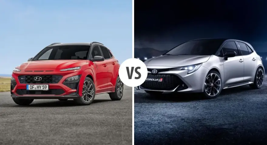 Czerwony Hyundai Kona kontra srebrna Toyota Corolla GR Sport. Która hybryda Hyundai czy Toyota lepsza?
