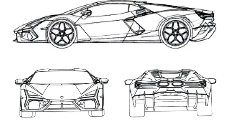Szkic techniczny Lamborghini, pokazujący jak narysować ten sportowy samochód z różnych perspektyw: z boku, przodu i tyłu.