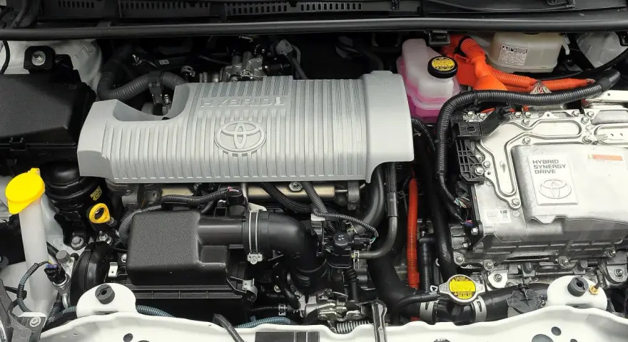Silnik hybrydowy Toyoty Yaris 3 z napisem "HYBRID SYNERGY DRIVE".
