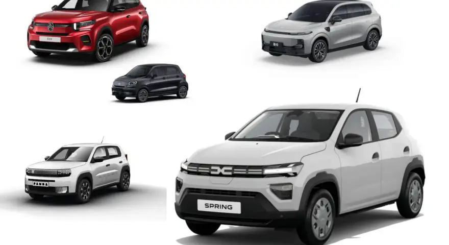 Szukasz najtańszych samochodów elektrycznych? Zobacz te modele: czerwony E-C3, czarny miejski, biały Panda, szary B10 i biały Spring.