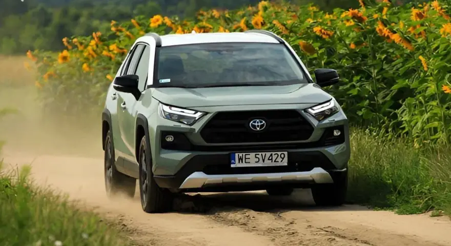 Zielona Toyota RAV4 jedzie po piaszczystej drodze, otoczona słonecznikami. To jeden z najmniej awaryjnych aut, gotowy na każdą przygodę.