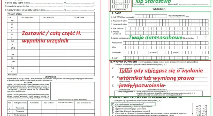 Wniosek o wydanie prawa jazdy, wtórnika lub wymianę dokumentu. Wypełnij dane osobowe i zaznacz cel złożenia wniosku.