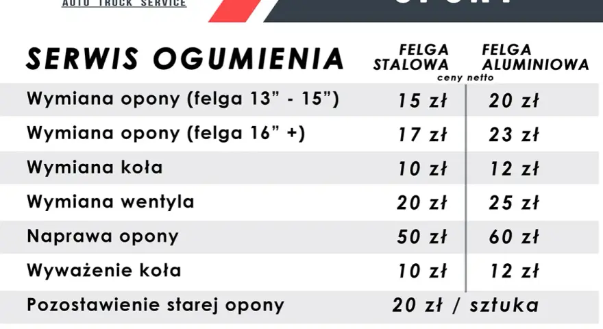 Cennik serwisu opon: ile kosztuje wymiana opon na felgach stalowych i aluminiowych, naprawa, wyważenie.