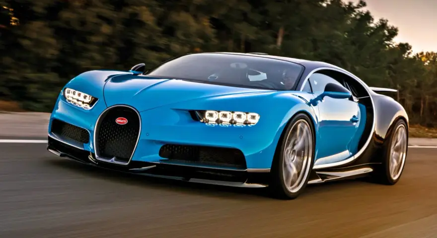 Niebieski Bugatti Chiron pędzi po drodze, budząc podziw mocą 1500 koni mechanicznych.