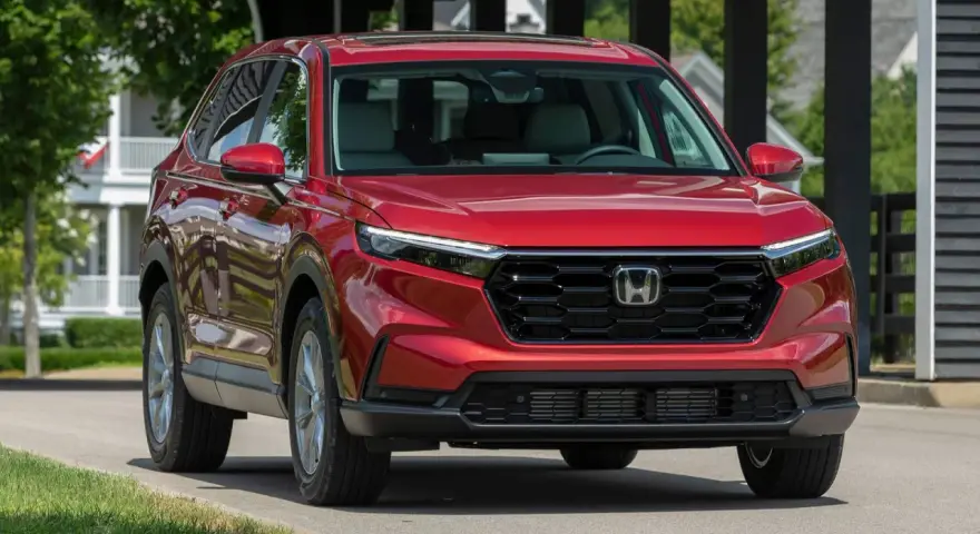 Czerwony Honda CR-V na drodze. Sprawdź aktualną honda cr-v cena i wybierz swój wymarzony SUV.
