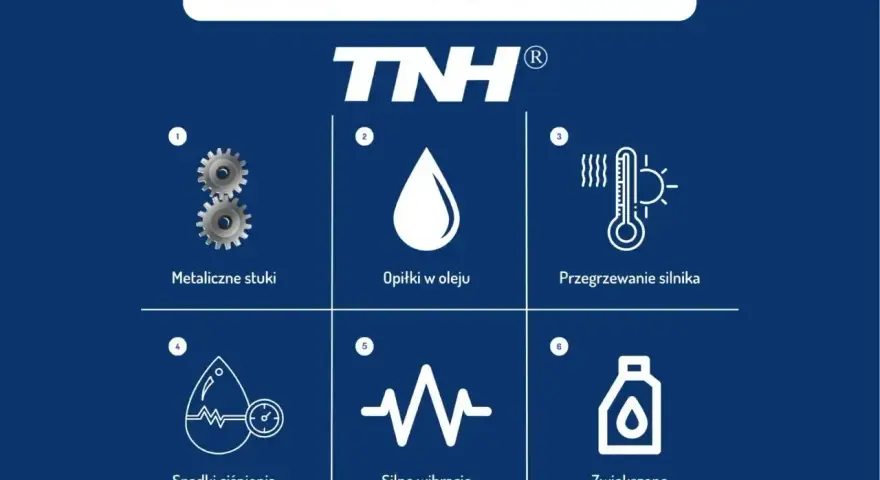 Objawy obróconej panewki: metaliczne stuki, opiłki w oleju, przegrzewanie silnika, spadki ciśnienia oleju, wibracje i zwiększone zużycie oleju.