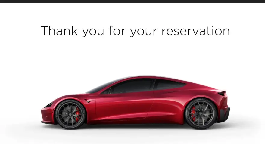 Czerwony Tesla Roadster, potwierdzenie rezerwacji. Zastanawiasz się, ile kosztuje Tesla Roadster?