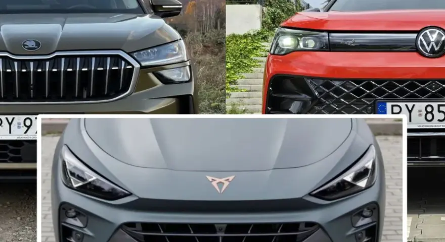 Trzy auta z grupy VAG: Skoda, Volkswagen i Cupra. Każde z nich prezentuje swój unikalny styl i detale.