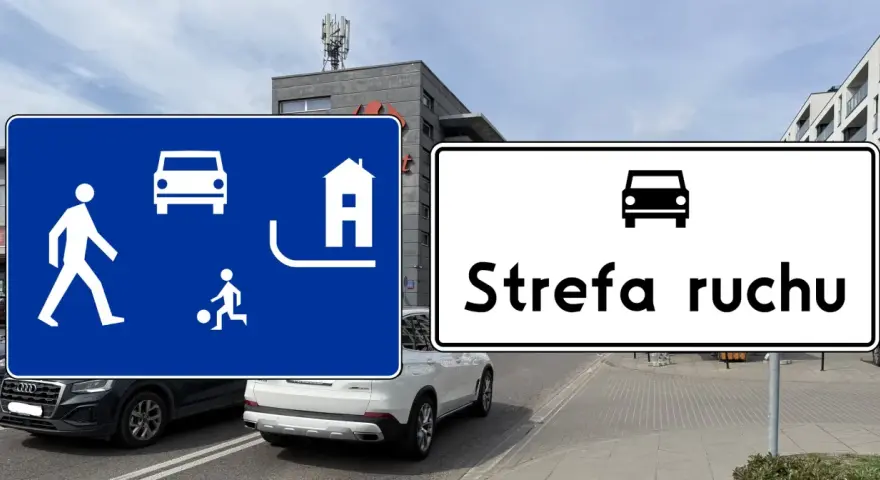 Dwa znaki drogowe: niebieski z piktogramami pieszych, dzieci bawiących się piłką i samochodu, oraz biały z napisem "Strefa ruchu" i ikoną samochodu.