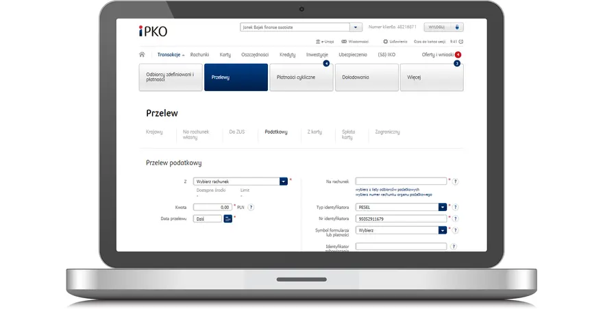 Jak zapłacić mandat? Formularz przelewu podatkowego w bankowości internetowej iPKО. Wpisz dane odbiorcy, kwotę i wybierz rachunek.