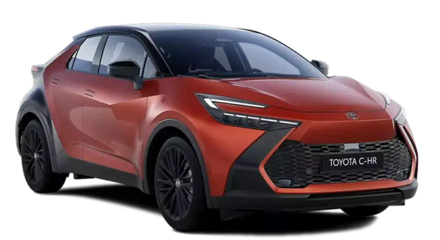 Pomarańczowy Toyota C-HR Hybrid, ciekawy design, niskie spalanie.