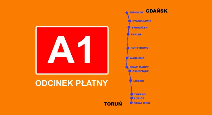 Mapa płatnego odcinka autostrady A1 Toruń - Gdańsk z zaznaczonymi miejscowościami.