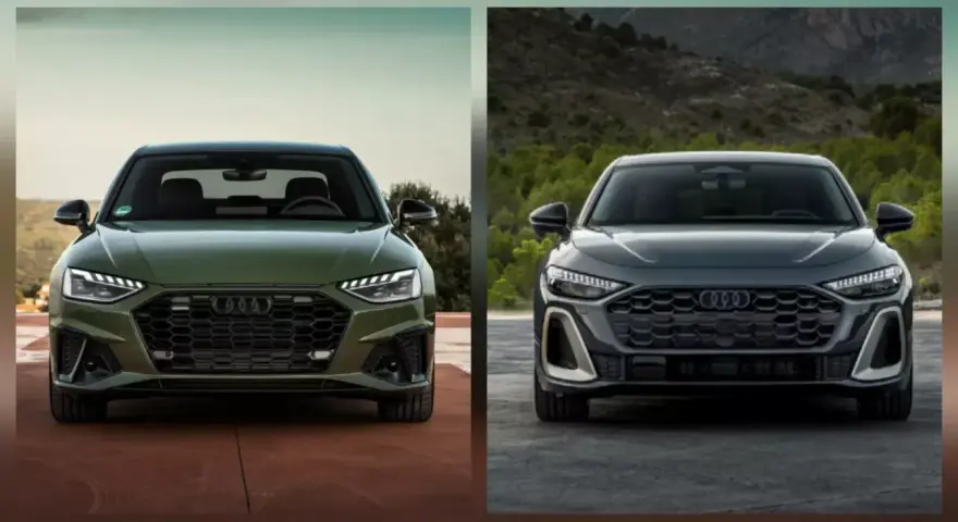 Dwa najnowsze Audi, zielone i grafitowe, prezentują swoje agresywne grille i nowoczesne reflektory.