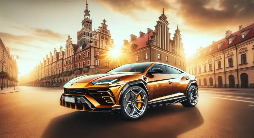 Złoty Lamborghini Urus na tle zabytkowej ulicy. Zastanawiasz się, ile kosztuje Lamborghini Urus? Ten luksusowy SUV zachwyca designem i mocą.