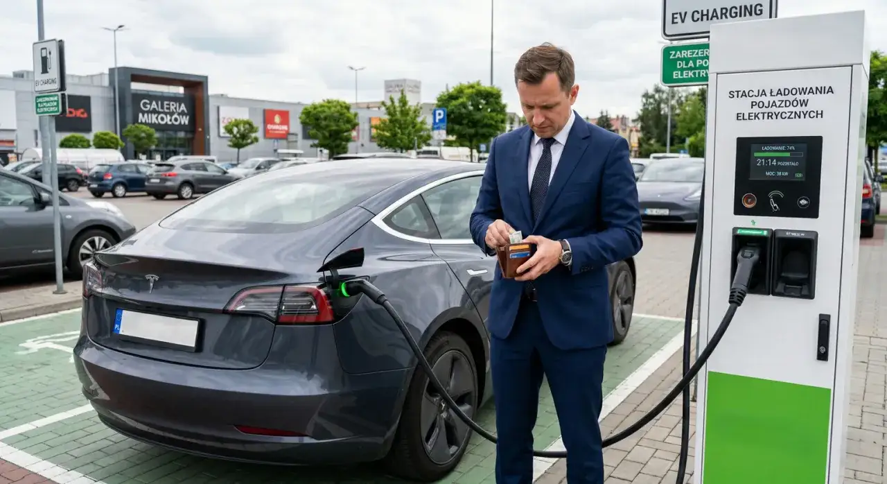 Biznesmen sprawdza portfel przy ładowarce, zastanawiając się, ile kosztuje ładowanie samochodu elektrycznego w domu.