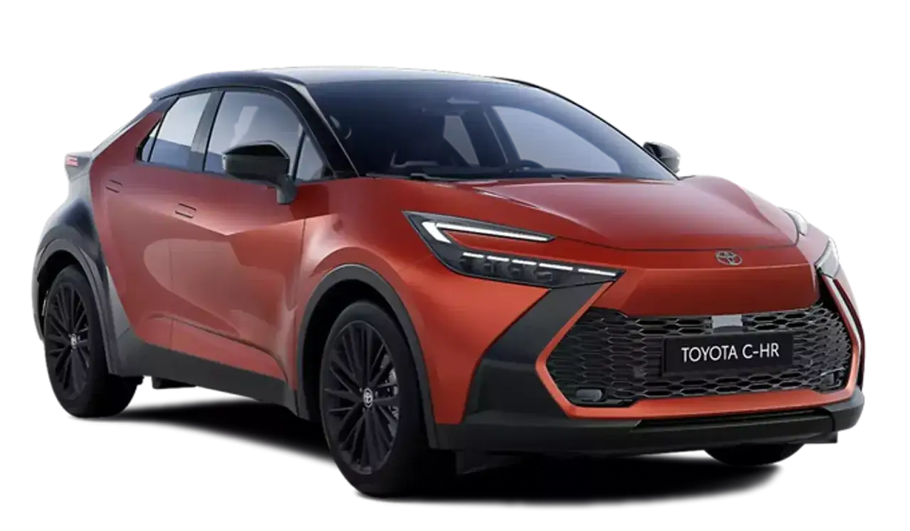 Nowy Toyota C-HR w kolorze pomarańczowym, hybryda. Zastanawiasz się, ile pali Toyota C-HR Hybrid? Ten model zachwyca designem i oszczędnością.