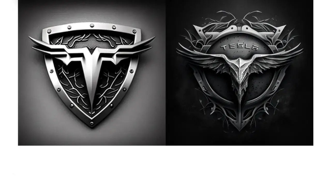 Dwa warianty logo Tesli: srebrna tarcza z literą T i skrzydłami na jasnym tle oraz ciemniejsza, stylizowana wersja z napisem TESLA.