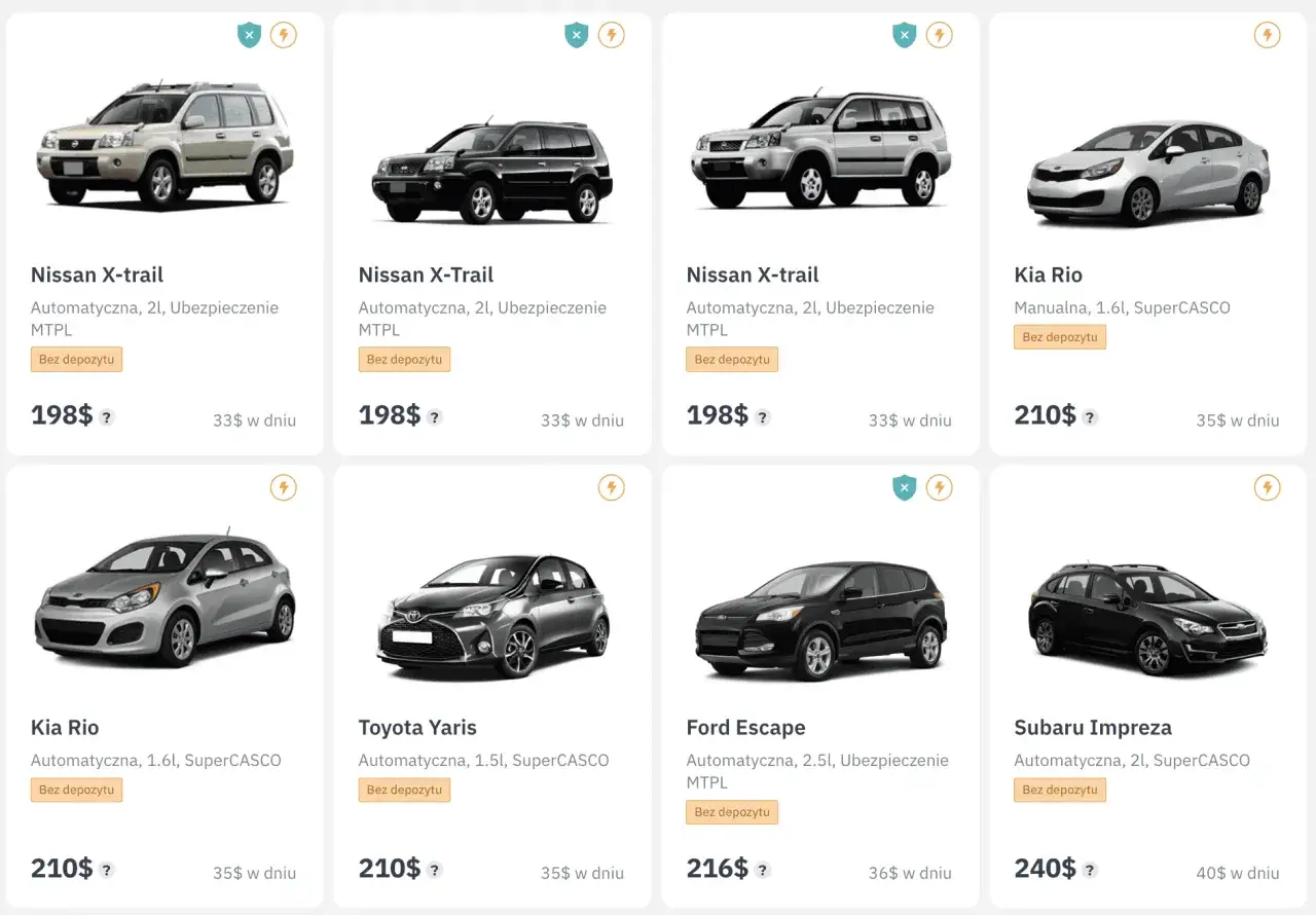 Oferty najmu samochodów osobowych: Nissan X-trail, Kia Rio, Toyota Yaris, Ford Escape, Subaru Impreza. Ceny od 198$.