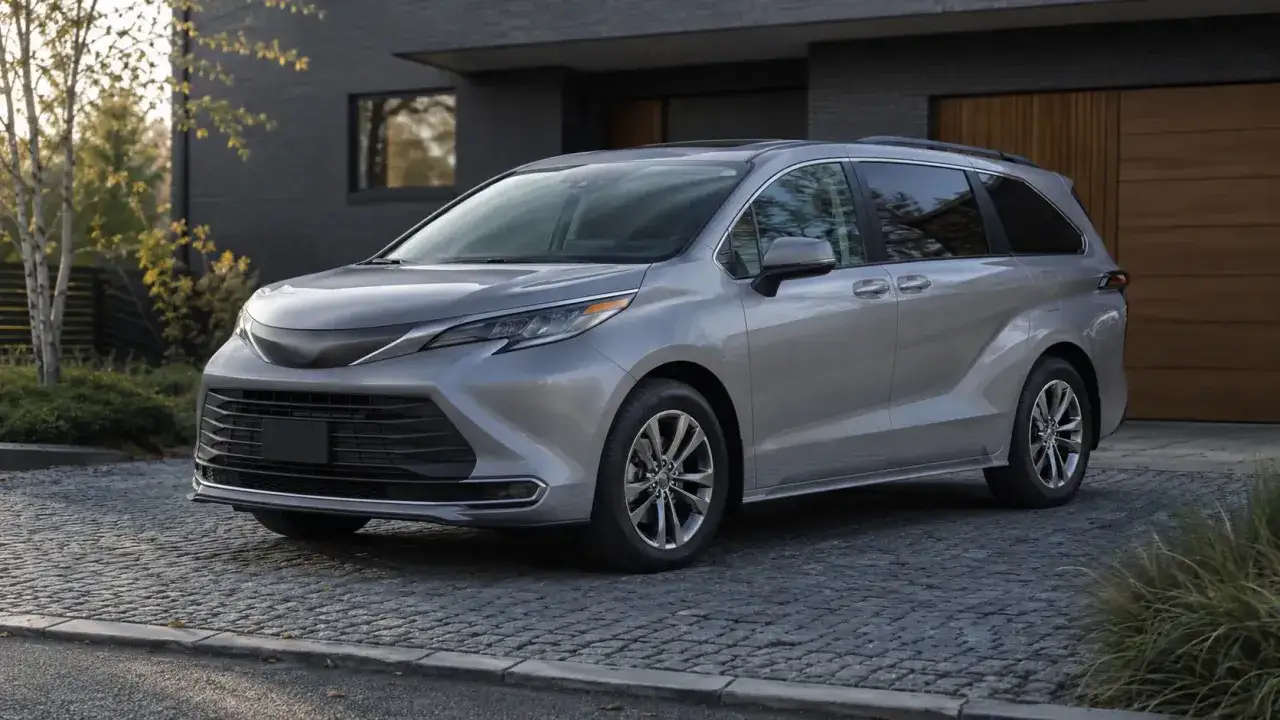 Srebrna Toyota Sienna zaparkowana na brukowanym podjeździe przed nowoczesnym domem.