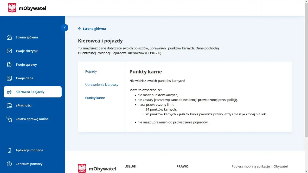 Informacje o punktach karnych z CEPIK. Sprawdź, czy masz punkty karne, czy przekroczyłeś limit, czy też nie masz uprawnień do prowadzenia pojazdów.