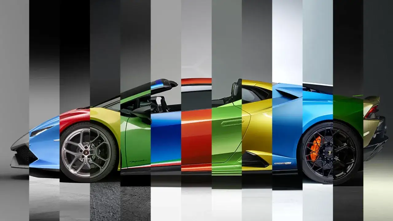 Kolaż kolorowych Lamborghini Huracan. Każdy segment ukazuje fragment innego auta, tworząc tęczowy efekt.
