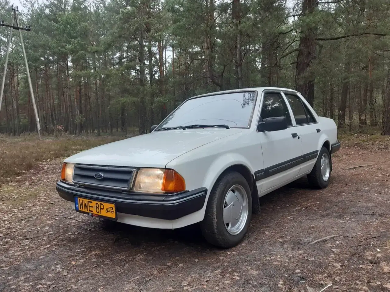 Biały Ford Orion z lat 80. stoi na leśnej drodze.