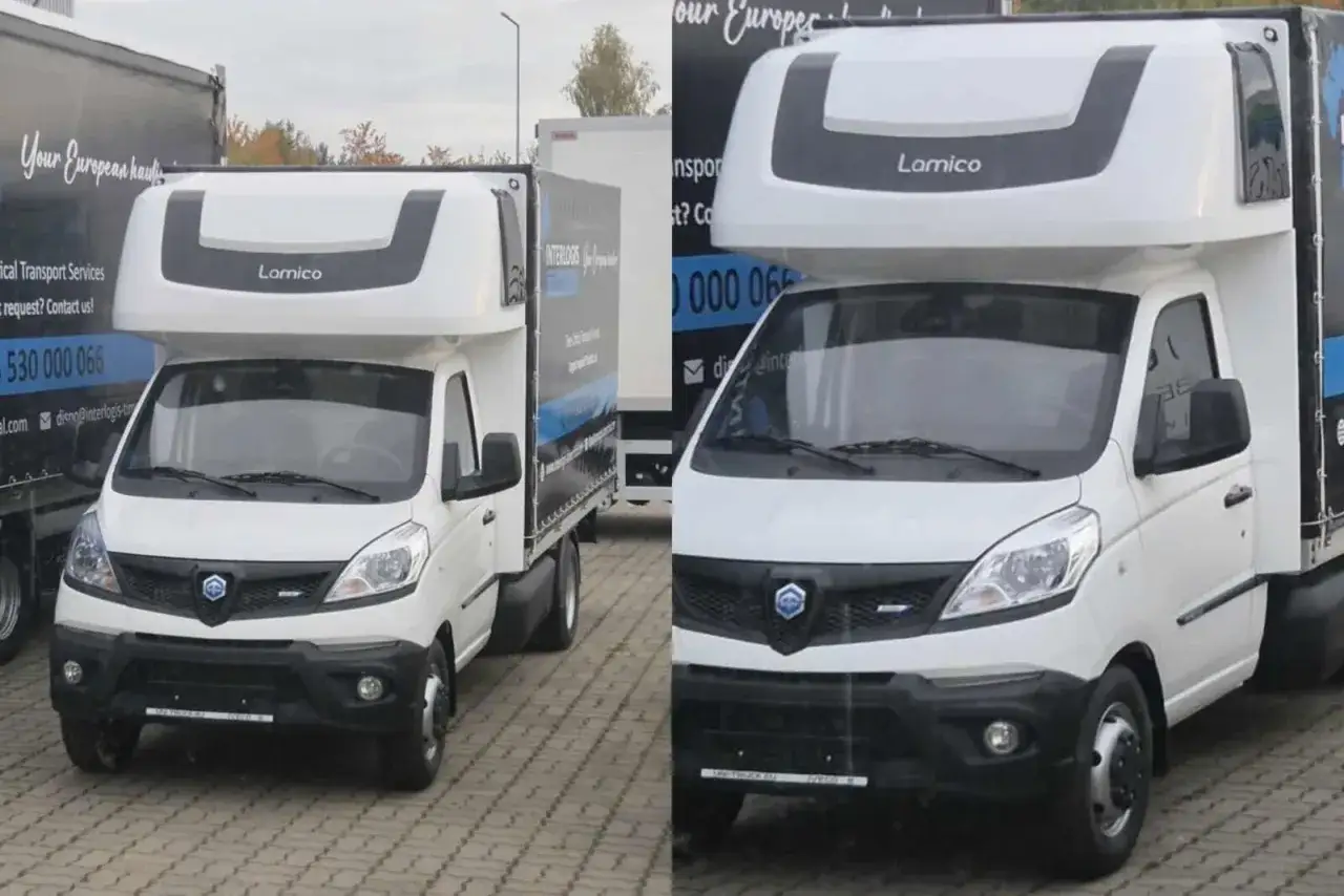 Biały bus marki Lamico, idealny jako jaki bus do transportu międzynarodowego. Zapewnia przestronną przestrzeń ładunkową.