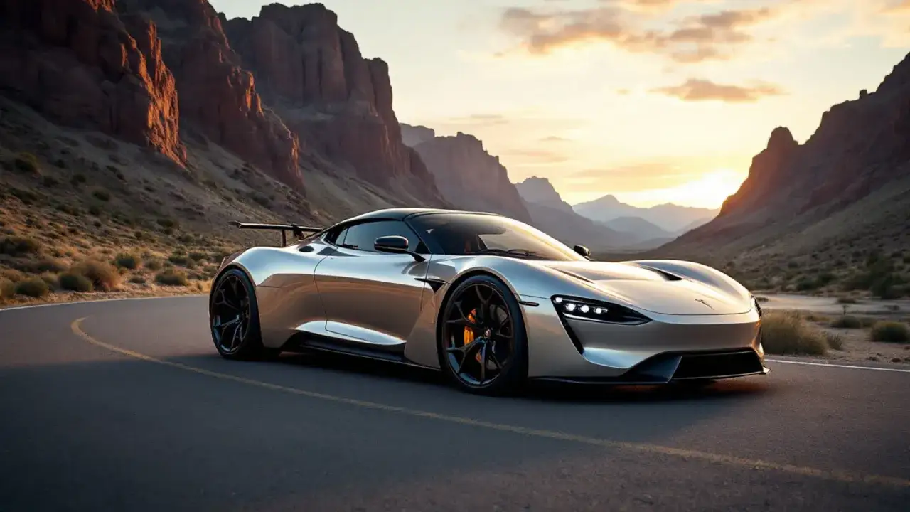 Srebrny Tesla Roadster na pustynnej drodze o zachodzie słońca. Zastanawiasz się, ile kosztuje Tesla Roadster?
