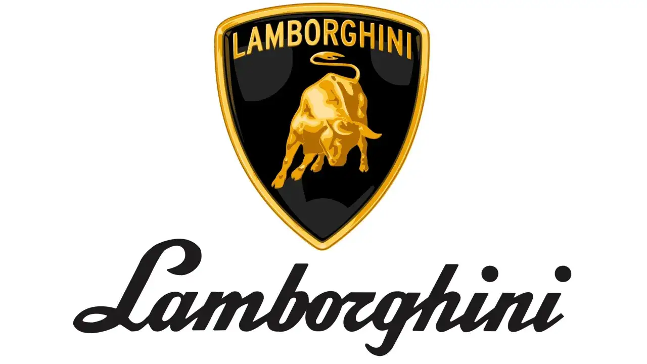 Złoty byk na czarnym tle, symbol marki Lamborghini. Pod nim napis