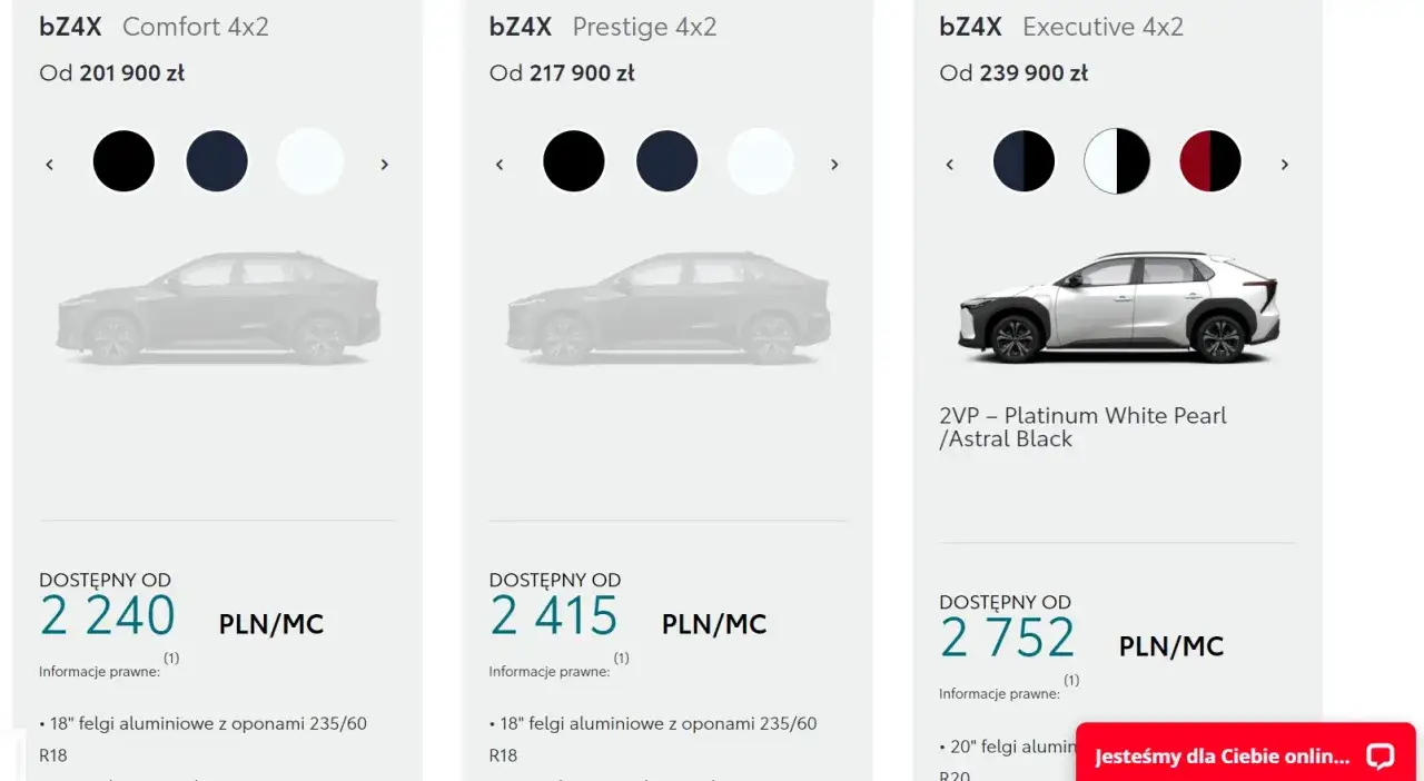 Toyota bZ4X cena: wersje Comfort, Prestige i Executive od 201 900 zł. Elektryczny SUV dostępny w różnych wariantach wyposażenia i kolorach.