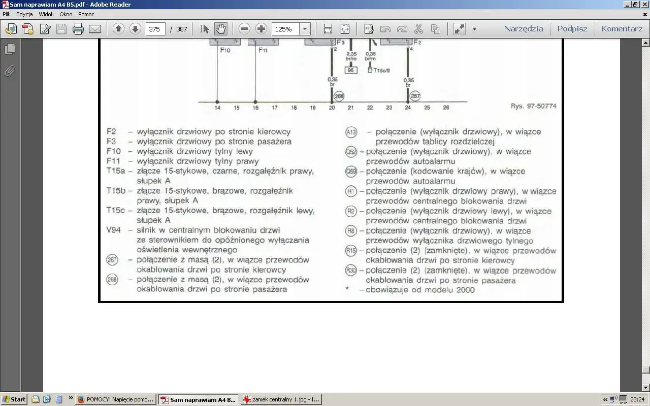 Schemat Audi A4 B5: gdzie jest sterownik centralnego zamka? Opisuje połączenia elektryczne drzwi, w tym wyłączniki i siłowniki.