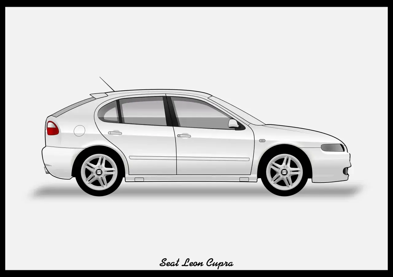 Biały Seat Leon Cupra z lat 2000-2005, widziany z boku. Sportowy hatchback z charakterystycznymi felgami i spoilerem.