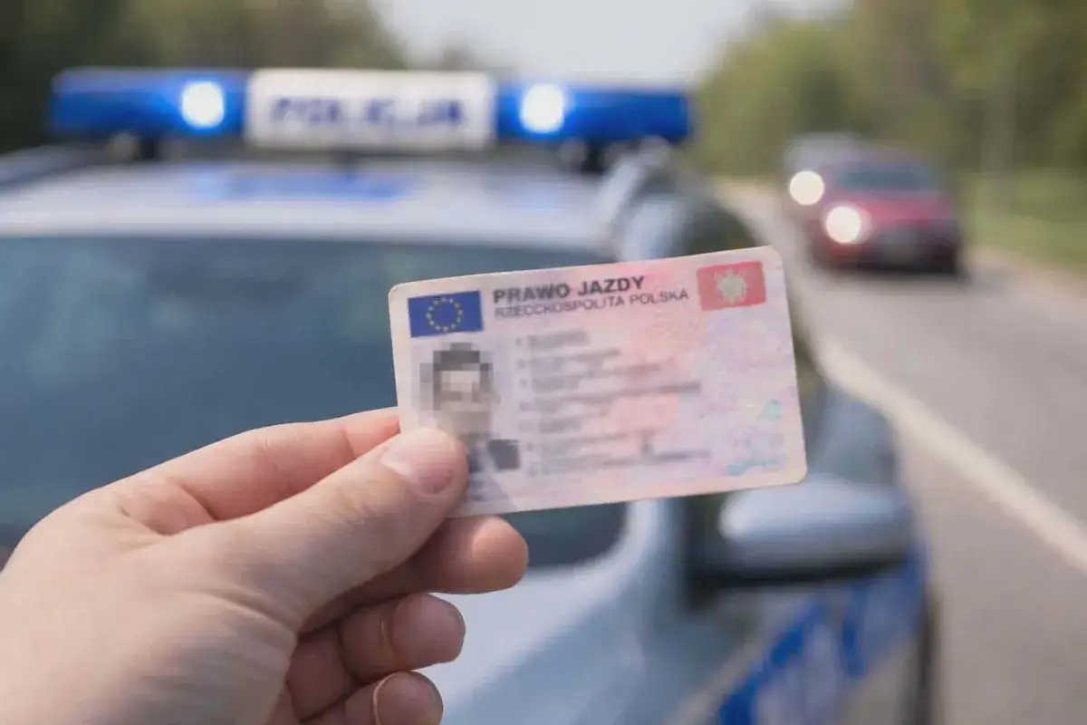 Dłoń trzyma nowe prawo jazdy na tle radiowozu policyjnego.
