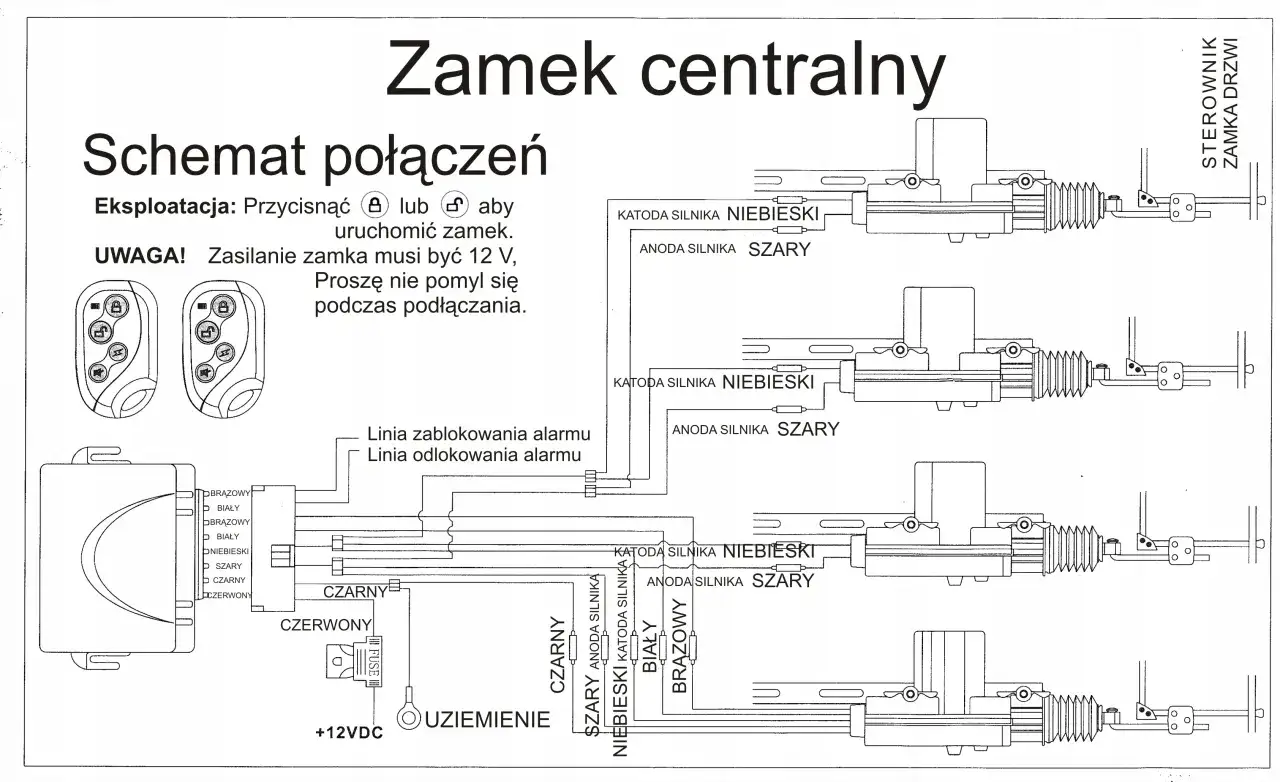 Schemat podłączenia centralnego zamka do Fiata Seicento. Instrukcja montażu z opisem przewodów i siłowników.