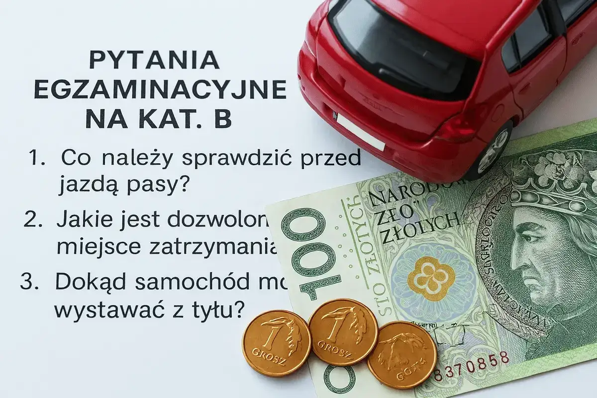 Pytania egzaminacyjne na kat. B, czerwony samochodzik, banknot 100 zł i grosze. Zastanawiasz się, ile kosztuje prawo jazdy?