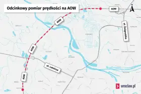 Mapa odcinkowy pomiar prędkości na AOW we Wrocławiu, zaznaczone odcinki i lokalizacje kamer.