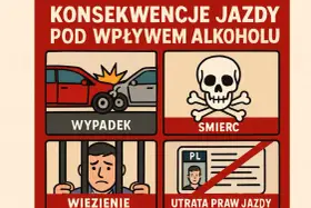 Konsekwencje jazdy pod wpływem alkoholu: wypadek, śmierć, więzienie, utrata prawa jazdy. Nie ryzykuj!