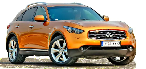 Pomarańczowy infiniti samochód z chromowanymi detalami i felgami, gotowy na przygodę.