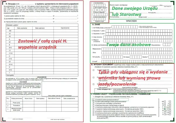 Wniosek o wydanie prawa jazdy, wtórnika lub wymianę dokumentu. Wypełnij dane osobowe i zaznacz cel złożenia wniosku.