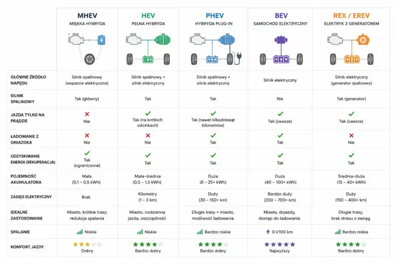 Porównanie typów napędów: MHEV, HEV, PHEV, BEV, REX/EREV. Tabela pokazuje, że hybryda plug-in (PHEV) oferuje jazdę na prądzie do kilkudziesięciu kilometrów.