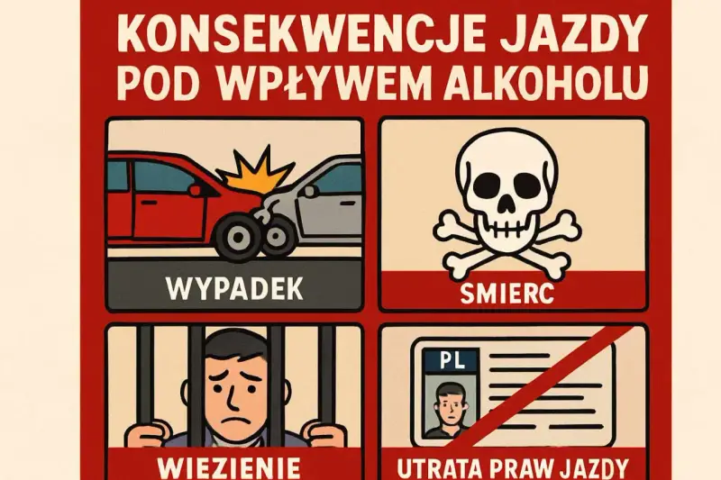 Konsekwencje jazdy pod wpływem alkoholu: wypadek, śmierć, więzienie, utrata prawa jazdy. Nie ryzykuj!