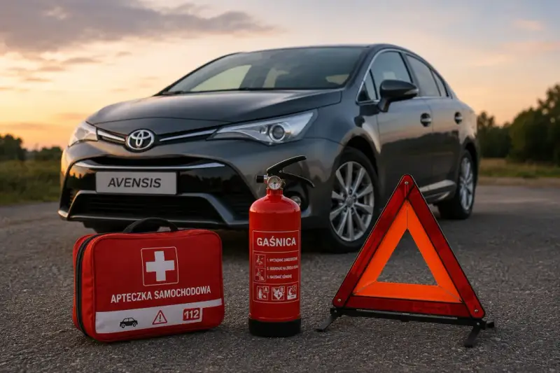 Apteczka, gaśnica i trójkąt ostrzegawczy – obowiązkowe wyposażenie auta, gotowe na każdą sytuację na drodze.